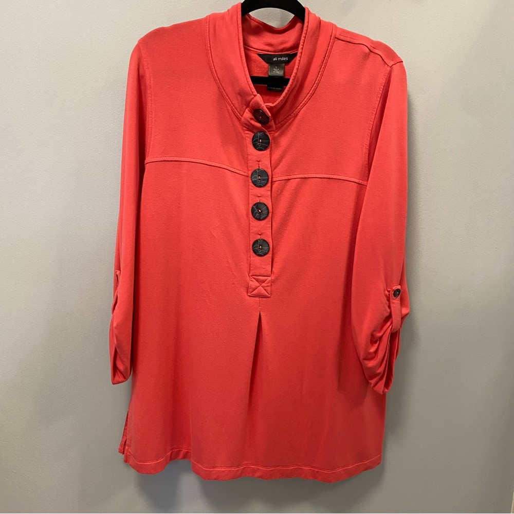 Ali Miles long sweater, button up to, watermelon color, 3 quarter sleeve